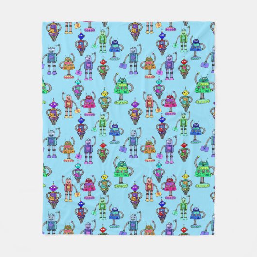 Kleurrijke robots tegen blauwe achtergrond fleece deken (Voorkant)
