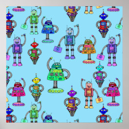 Kleurrijke robots tegen blauwe achtergrond poster
