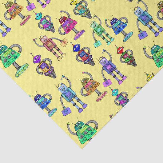 Kleurrijke robots tegen gele achtergrond tissuepapier (Detail)