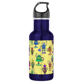 Kleurrijke robots tegen gele achtergrond waterfles 