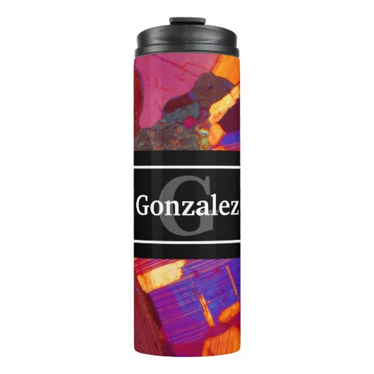 Kleurrijke Rock Dunne Sectie met Naam en Monogram Thermosbeker (Voorkant)