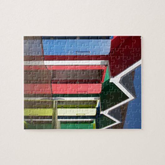 Kleurrijke rode blauwe gele strandhutten | cabine legpuzzel (Horizontaal)