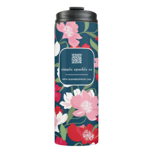 Kleurrijke Rode Bloemen Bedrijf QR Code Blauw Thermosbeker