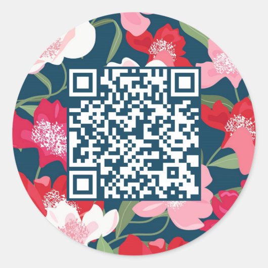 Kleurrijke Rode Bloemen QR Code Blauw Ronde Sticker (Voorkant)