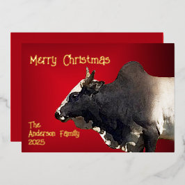 Kleurrijke Rode Brahma Stier Kerstkaart Op Maat Folie Feestdagenkaart