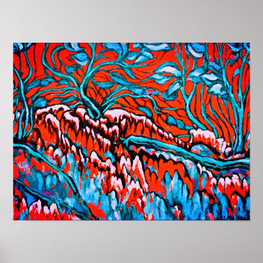 Kleurrijke rode en blauwe magische bossen poster (Voorkant)