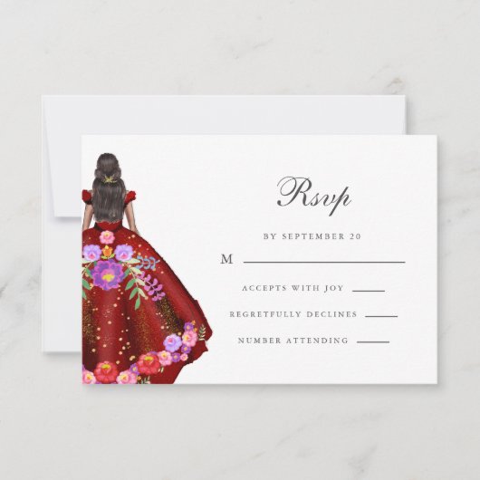 Kleurrijke Rode Fiesta Bloemenkalligrafie Quincean RSVP Kaartje (Voorkant)