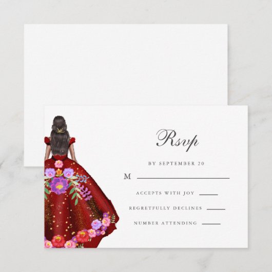 Kleurrijke Rode Fiesta Bloemenkalligrafie Quincean RSVP Kaartje (Voorkant / Achterkant)