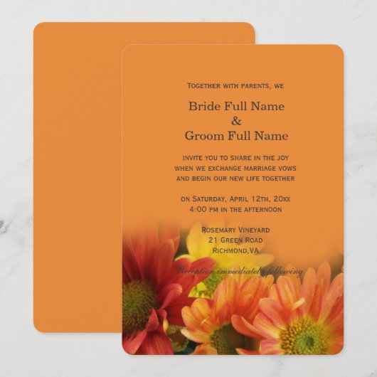 Kleurrijke rode, gele, oranje dagbloemen bruiloft kaart (Voorkant / Achterkant)