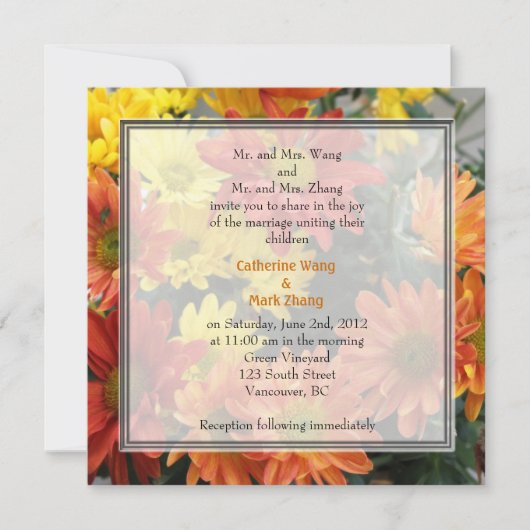 Kleurrijke rode, gele, oranje dagbloemen bruiloft kaart (Voorkant)