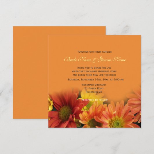 Kleurrijke rode, gele, oranje dagbloemen bruiloft kaart (Voorkant / Achterkant)