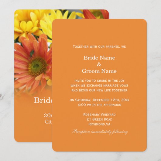 Kleurrijke rode, gele, oranje, melkachtige bruilof kaart (Voorkant / Achterkant)