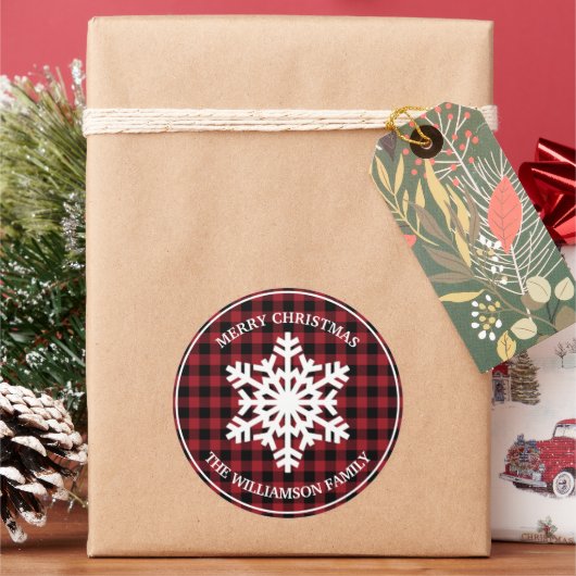 Kleurrijke rode geruite Kerstcadeaubijsl sticker (Feestdagen)