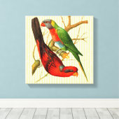 Kleurrijke rode & groene papegaaien illustratie canvas afdruk (Insitu (Houten vloer))