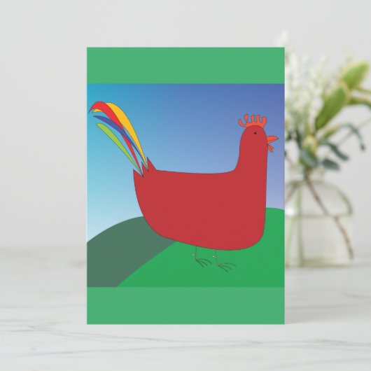 Kleurrijke Rode Haan met Regenboogstaart op Heuvel Kaart (Staand voorkant)