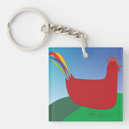 Kleurrijke Rode Haan met Regenboogstaart op Heuvel Sleutelhanger (Voorkant)