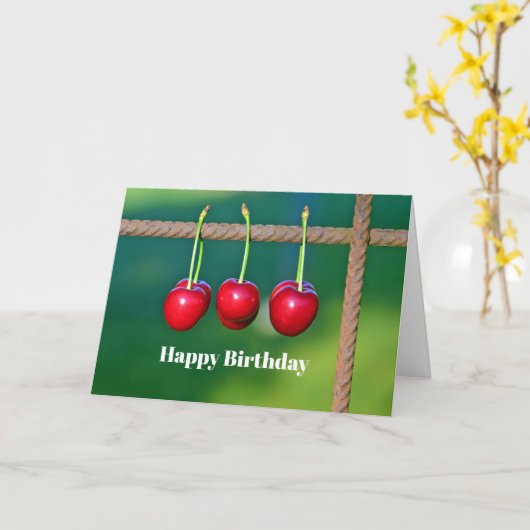 Kleurrijke Rode Kersen Fruit Foto Verjaardag Kaart (Gele Bloem)