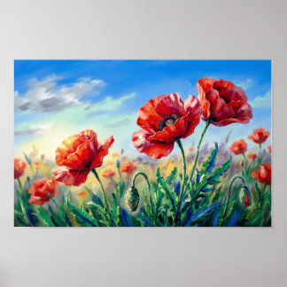 Kleurrijke rode klaprozen kunstdruk  poster