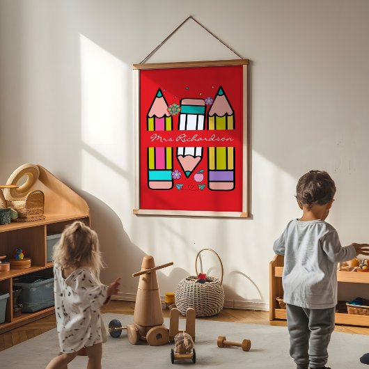 Kleurrijke Rode Onderwijzer Cartoon Potlood  Poster