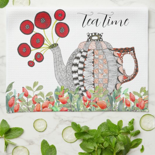 Kleurrijke rode papaver Teapot Kitchen Towel Theedoek (Gevouwen)