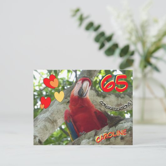 Kleurrijke Rode Papegaai 65e Verjaardagansichtkaar Briefkaart (Staand voorkant)