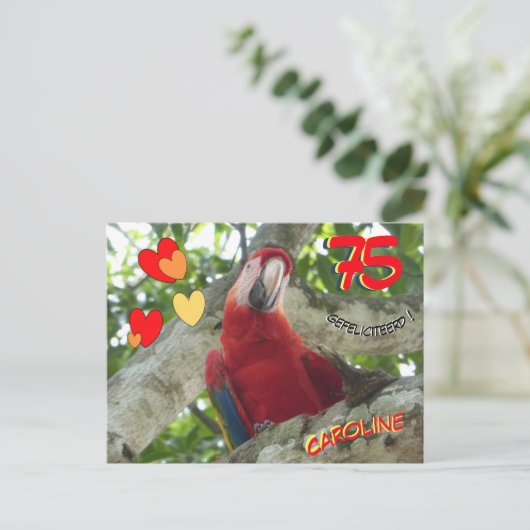 Kleurrijke Rode Papegaai 75e Verjaardag Postkaart (Staand voorkant)