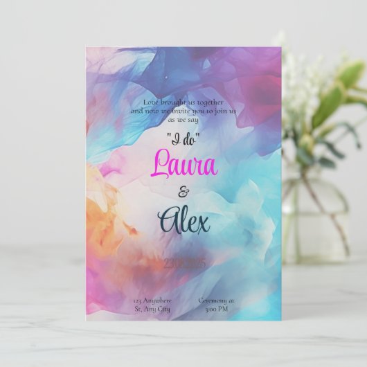 Kleurrijke rokerige bruiloft uitnodiging (Staand voorkant)