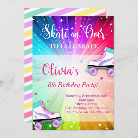 Kleurrijke Roller Schaats Verjaardagsfeestje Uitno Kaart (Voorkant / Achterkant)