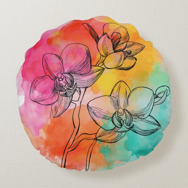 Kleurrijke ronde orchidee-kussen rond kussen (Achterkant)