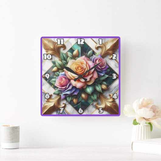 Kleurrijke Roos Arrangement op Decoratieve Achterg Vierkante Klok (Huis)