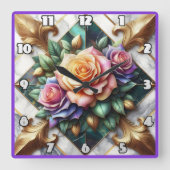 Kleurrijke Roos Arrangement op Decoratieve Achterg Vierkante Klok (Voorkant)