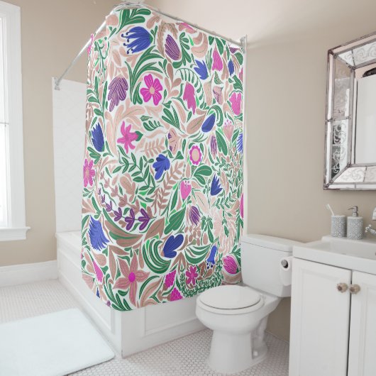 Kleurrijke Roos Gold Floral Leaf-illustraties Douchegordijn (In situ)