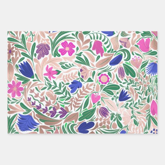 Kleurrijke Roos Gold Floral Leaf-illustraties Inpakpapier Vel (Voorkant)
