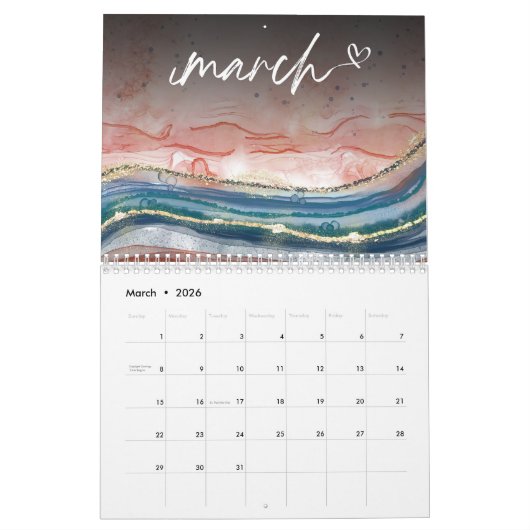 Kleurrijke Roos goudblauwe marmer waterverf Glitte Kalender (Mar 2026)