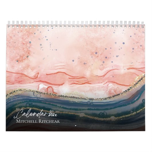 Kleurrijke Roos goudblauwe marmer waterverf Glitte Kalender (Hoes)