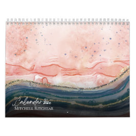 Kleurrijke Roos goudblauwe marmer waterverf Glitte Kalender