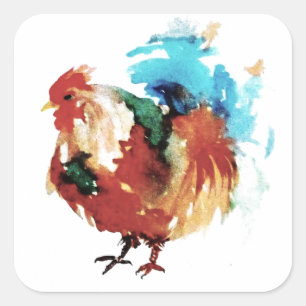 Kleurrijke Rooster Aquarel Kippen Vierkante Sticker