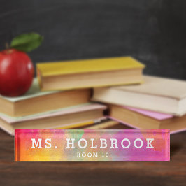 Kleurrijke Roze Abstracte Waterverf Docent's Naambordje