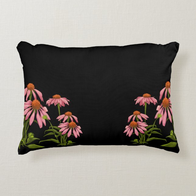 Kleurrijke roze bloemen op een zwarte achtergrond accent kussen (Voorkant)