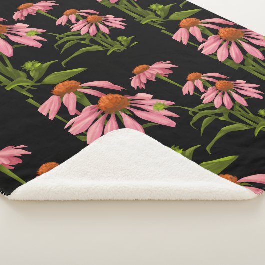 Kleurrijke roze bloemen op een zwarte achtergrond sherpa deken (3/4)