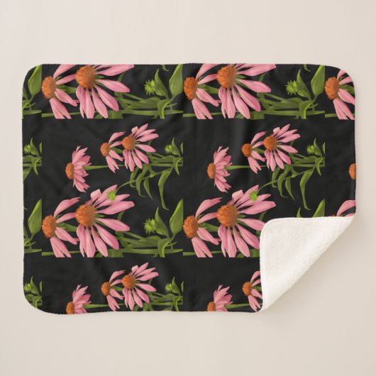 Kleurrijke roze bloemen op een zwarte achtergrond sherpa deken (Voorkant (horizontaal))