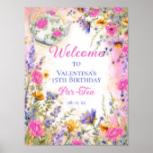 Kleurrijke Roze Bloemen Verjaardag Tea Party Welko Poster (Voorkant)