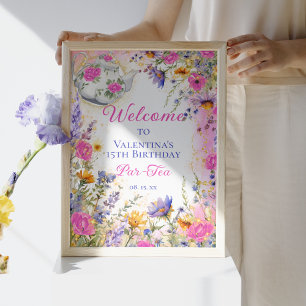 Kleurrijke Roze Bloemen Verjaardag Tea Party Welko Poster