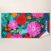 Kleurrijke roze bloemige gepersonaliseerde vakanti strandlaken (Voorkant)