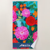 Kleurrijke roze bloemige gepersonaliseerde vakanti strandlaken (Voorkant)