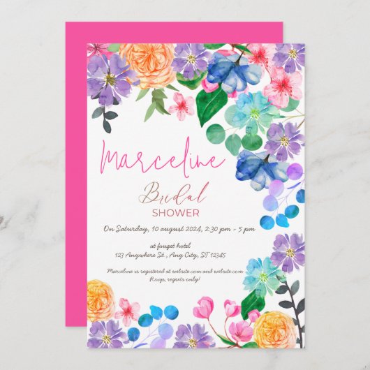 Kleurrijke roze bloemrijke waterverf bruids- kaart (Voorkant / Achterkant)