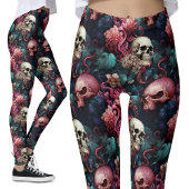 Kleurrijke roze buitenaardse schedels bloemengotie leggings