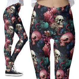 Kleurrijke roze buitenaardse schedels bloemengotie leggings