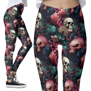 Kleurrijke roze buitenaardse schedels bloemengotie leggings