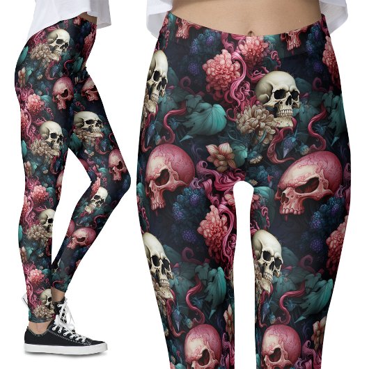 Kleurrijke roze buitenaardse schedels bloemengotie leggings